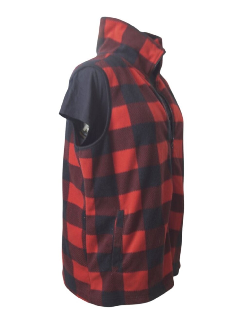 Tudor Court Red Black Buffalo Plaid Fleece Vest Funnel Neck Zip Up Pockets GUC